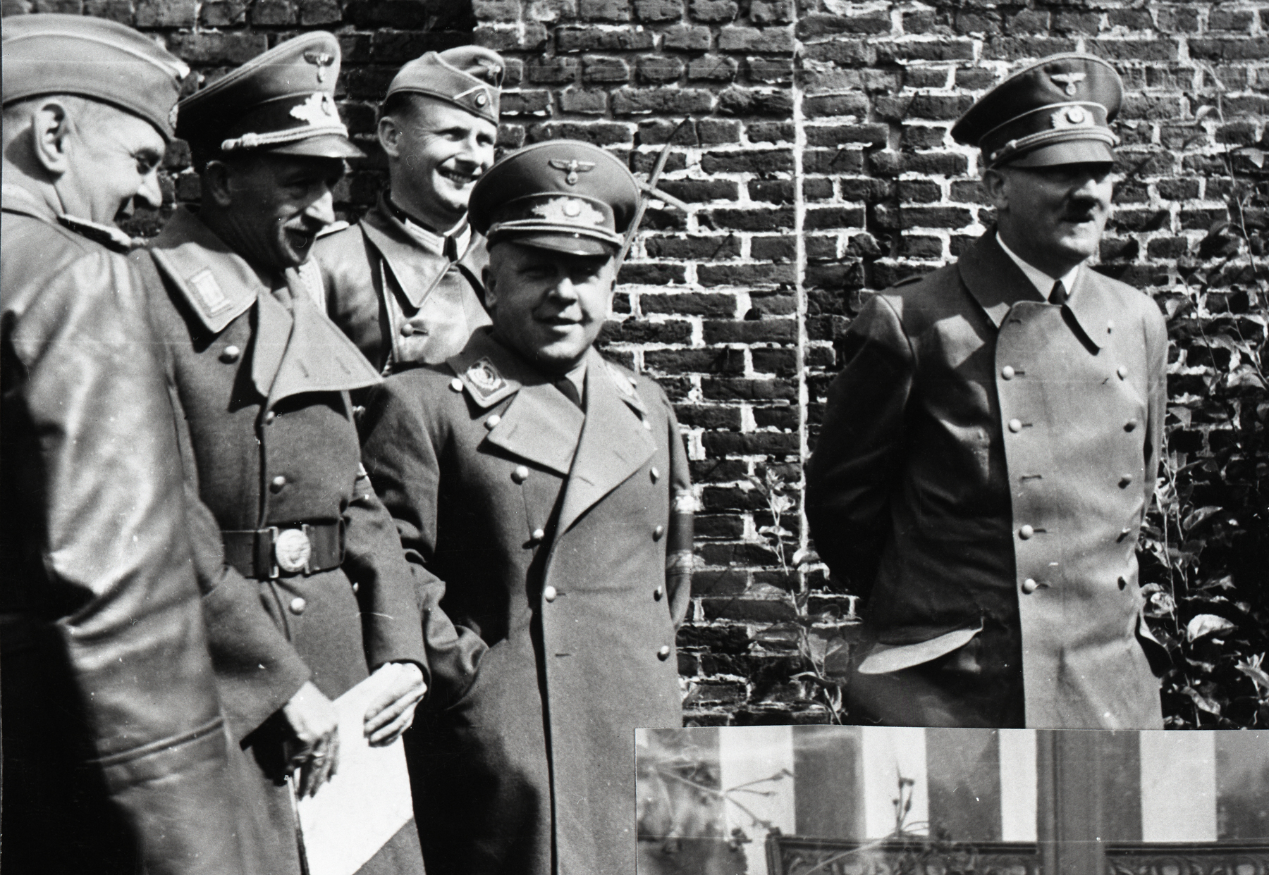 Max Amann, Ernst Schmidt and Adolf Hitler at their former regiment building in Fournes en Weppes, from Eva Braun's albums
